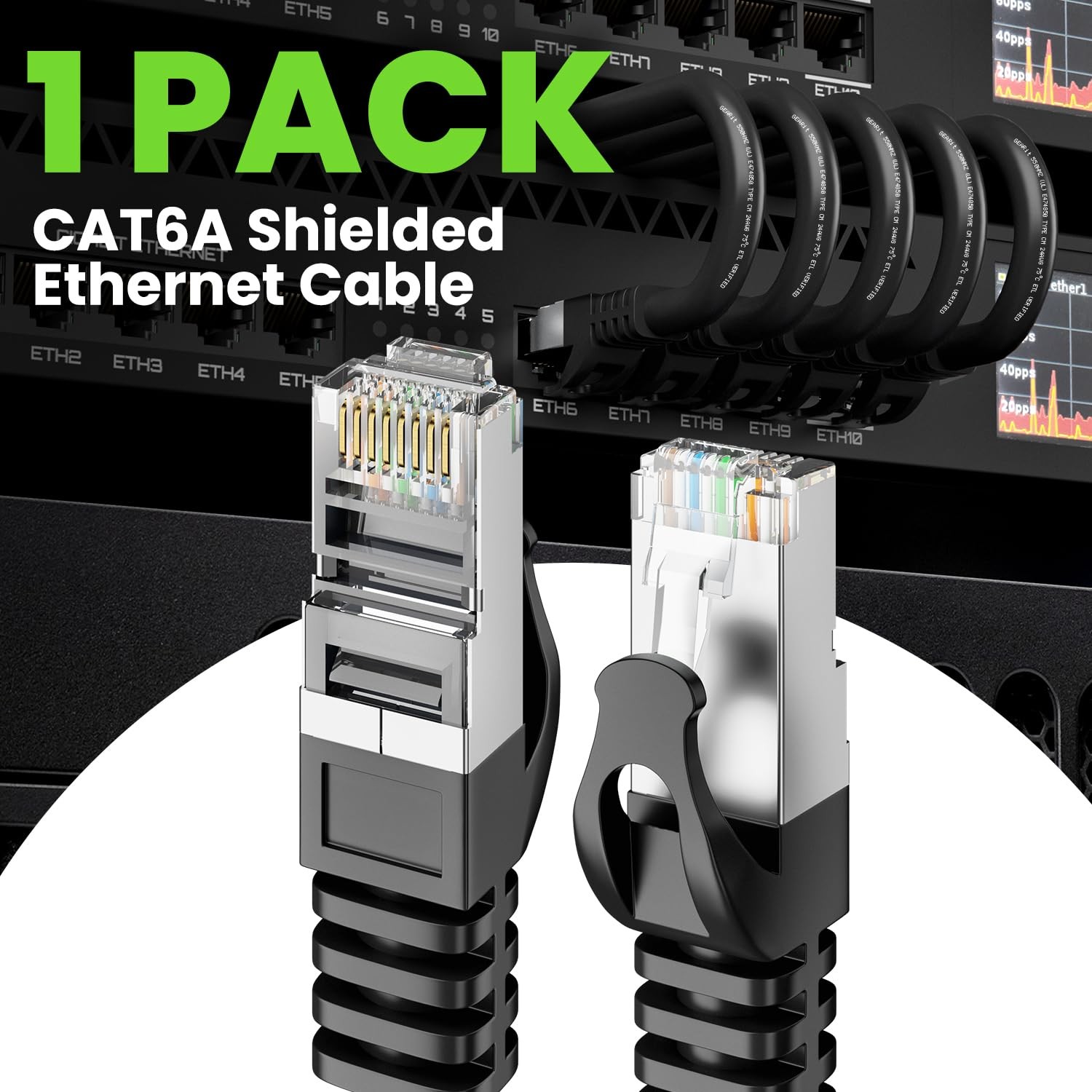 Cat6A Ethernet Cable 100 ft Long 10Gbps Shielded SFTP Solid Bare Copper Cord