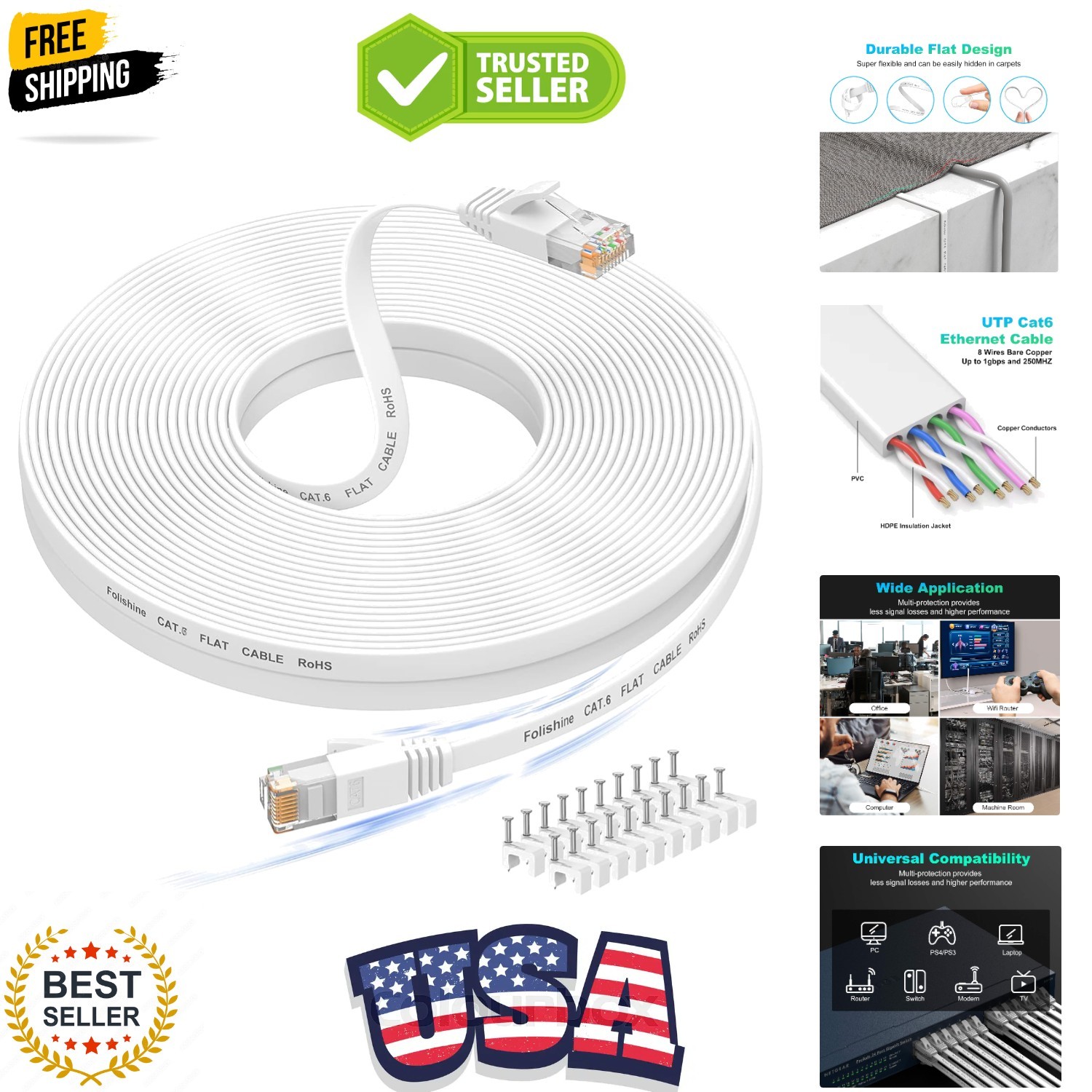 50 ft Ethernet Cable, Cat 6e/Cat 6, High Speed, Flat White Shielded LAN Cable…