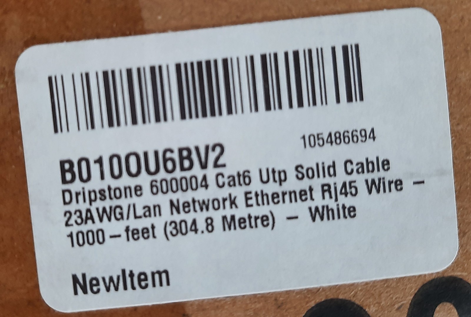 Dripstone 1000 Ft Roll CAT6 UTP Cable 4Pair 23AWG 1/0.57mm CCA PVC Jacket White