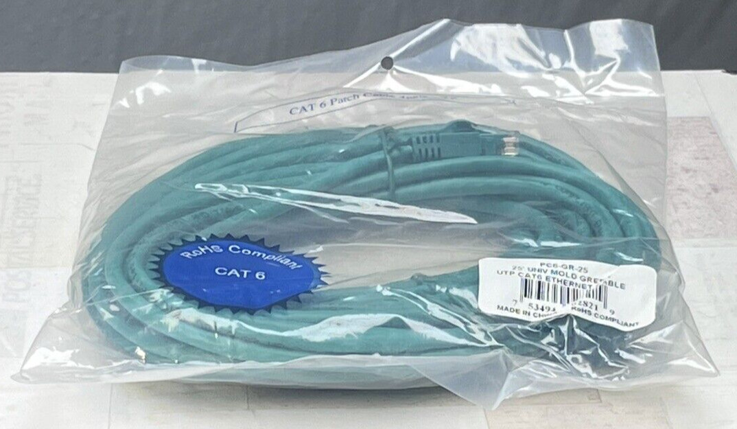 Cat6 Ethernet Patch Cable, 4 Pair UTP, 25 ft, RoHS Compliant, Green. NEW.