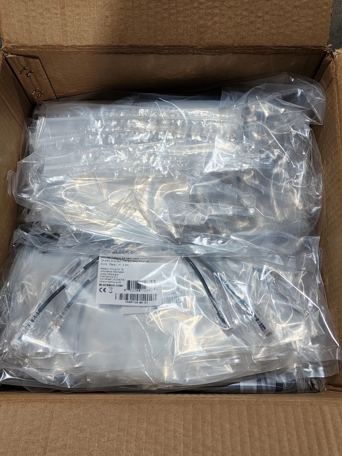 100 Pack 1ft Black Box Slim-Net Cat 6A Patch Cable 28AWG UTP Snagless