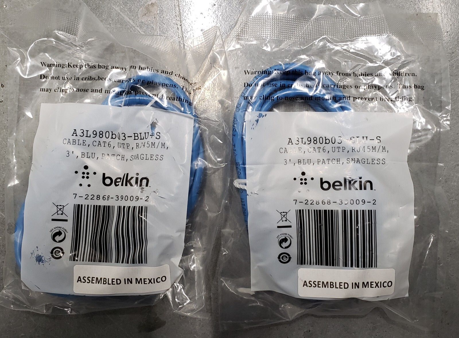 LOT 2x Belkin Cable A3L980b03-BLU-S 3ft CAT6 Snagless Patch Cable Rj45m/m Blue
