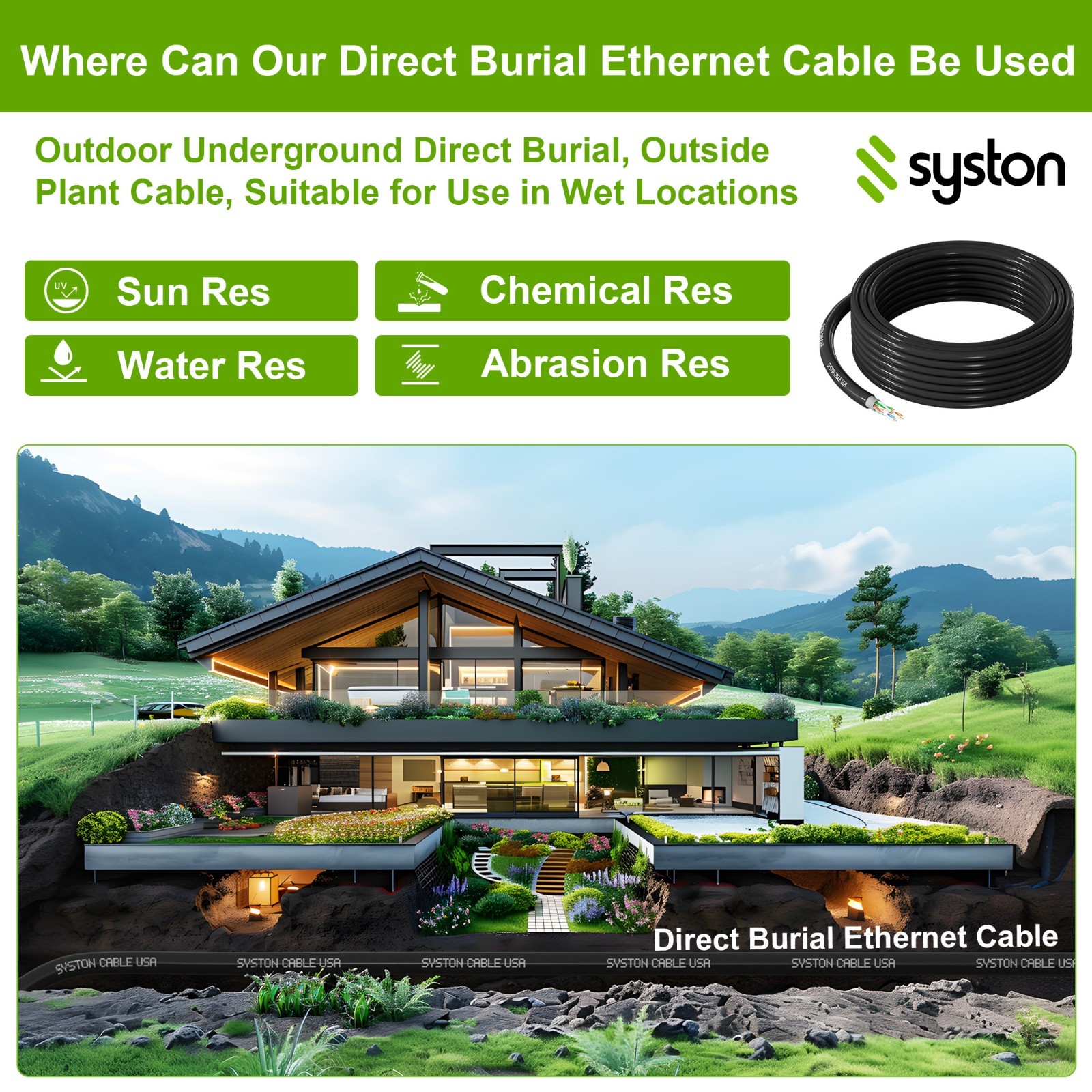 Syston Direct Burial Cat 6A+ Ethernet Cable OSP 23AWG UTP Bulk – 500ft 1000ft