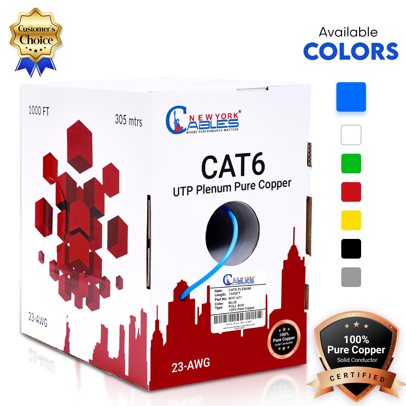 CAT6 Plenum (CMP) 1000ft Bare Copper 550MHz 23AWG UTP Bulk Ethernet Cable Blue