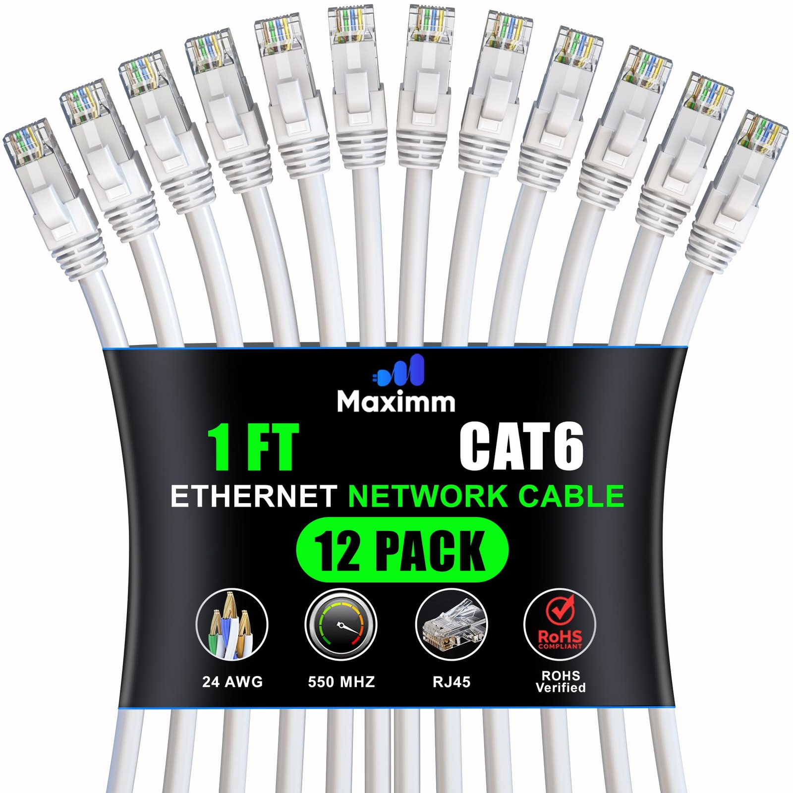 Cat 6 Ethernet Cable 1 ft 12-Pack High-Speed UTP 10Gbps LAN Patch Cord