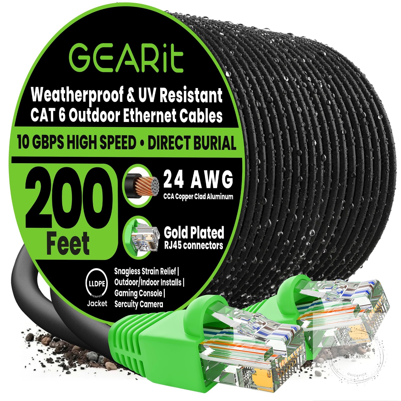 Cat6 Ethernet Cable 200ft, Outdoor Direct Burial Cat 6 Cable 24AWG High Speed Up