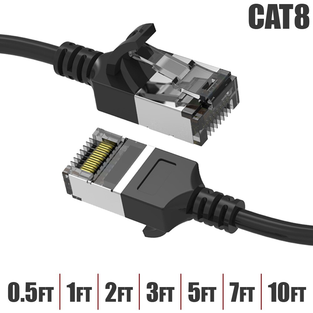 0.5-10FT Cat8 RJ45 Network LAN Ethernet Slim U/FTP Patch Cable Cord 30AWG Black