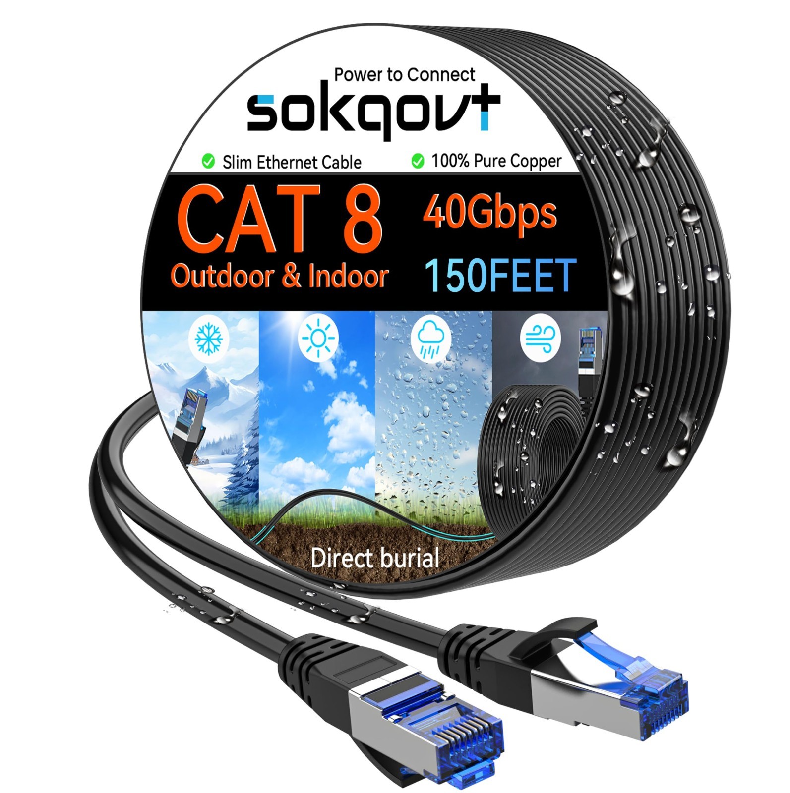 150ft Cat 8 Ethernet Cable, Slim & Flexible, Waterproof for Indoor/Outdoor, 40G
