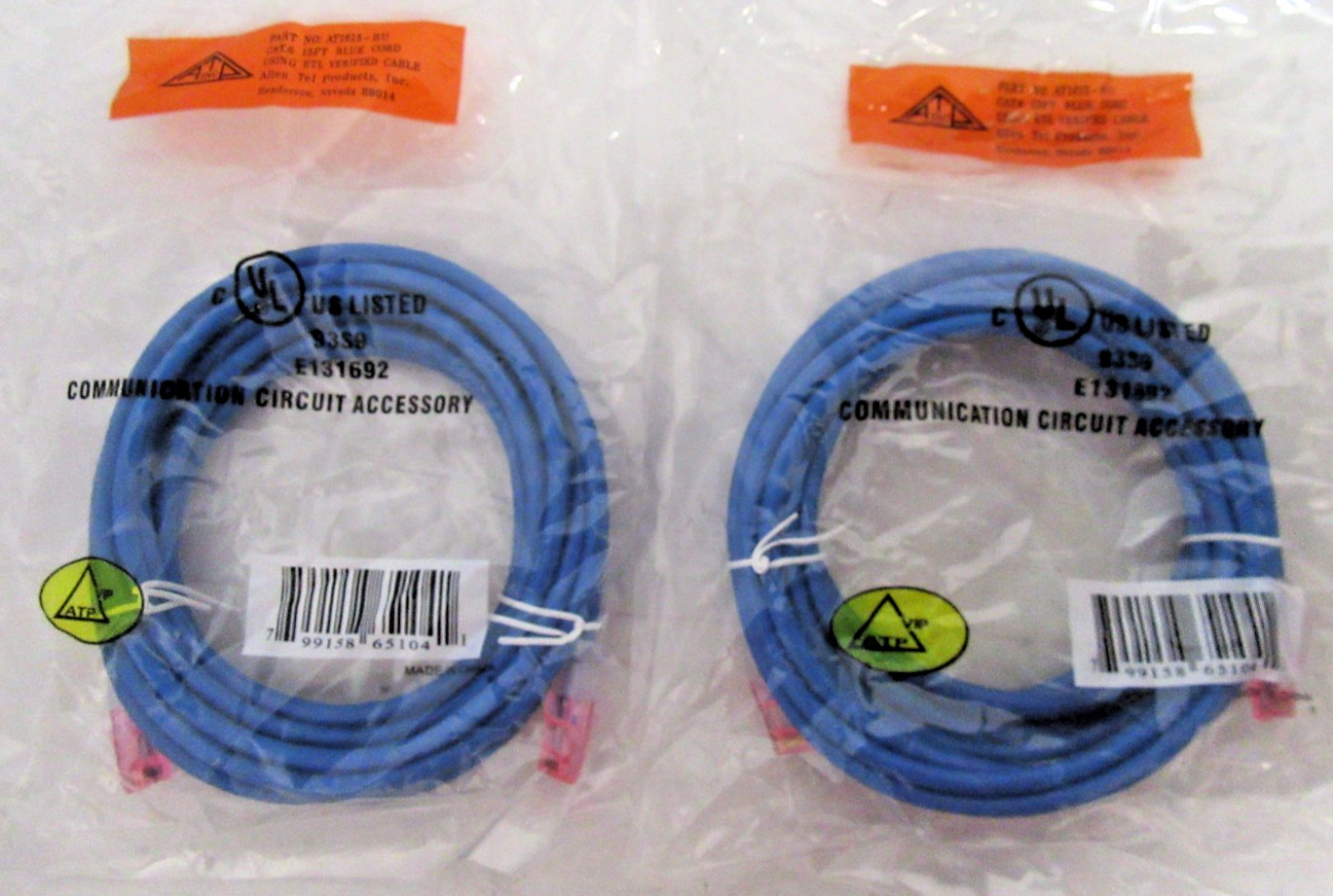 2 Pack Allen Tel AT1615-BU 15ft CAT6 Patch Cable Blue RJ-45 Male to RJ-45 Male