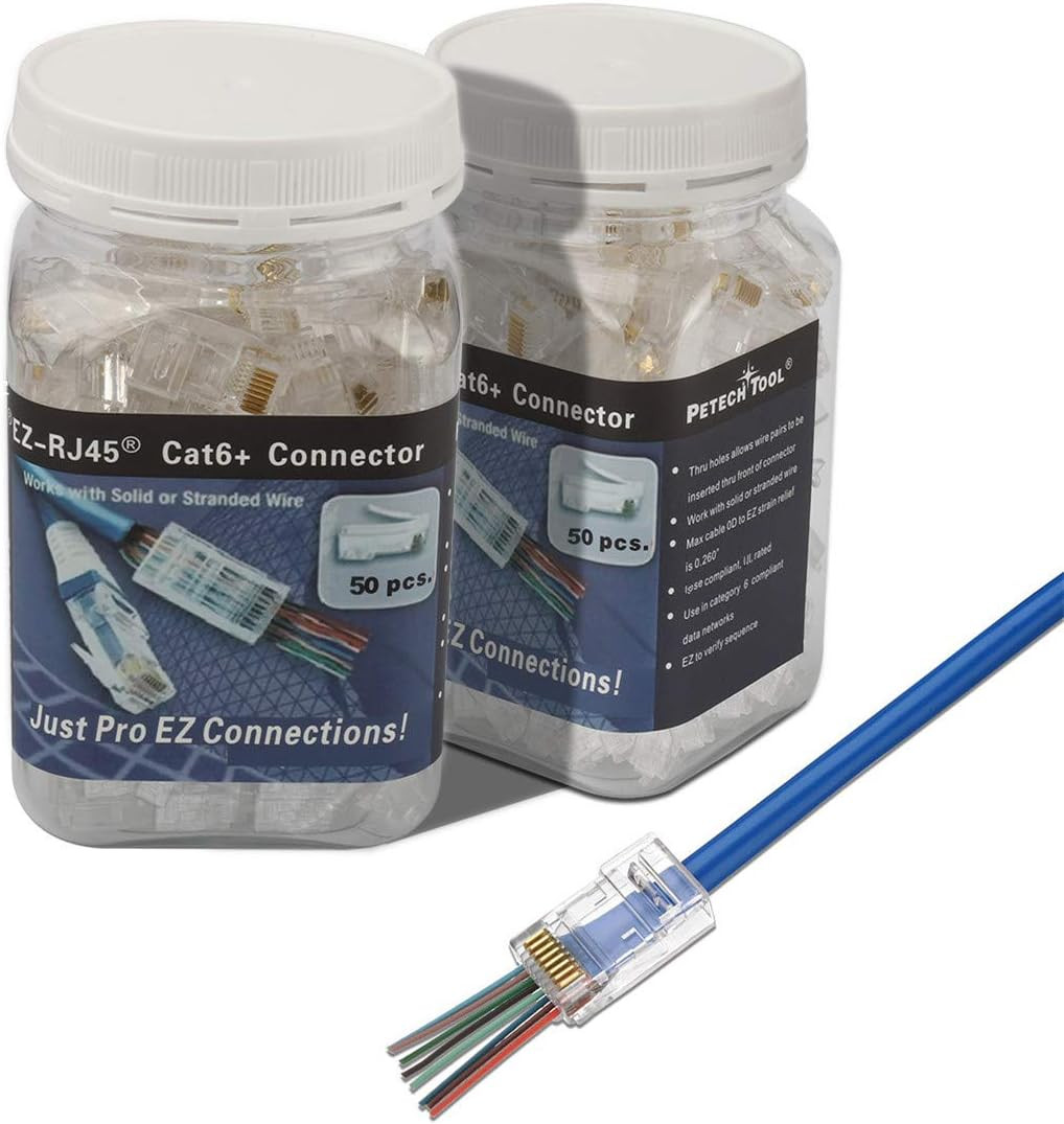 RJ45 Cat6A Cat6 Pass through Connectors 50Pack 23AWG End Bold Ethernet 8P8C