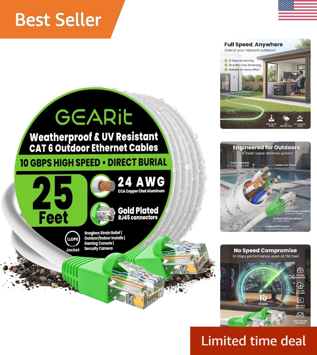 25 Feet Cat6 Outdoor Ethernet Cable – UV Jacket, Waterproof & Fast Data Transfer