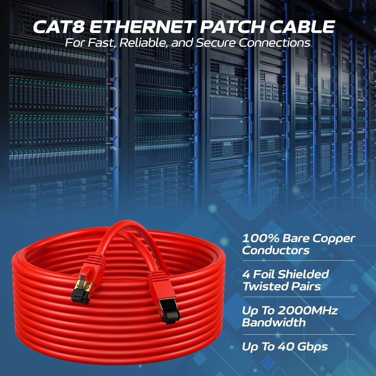 Cat8 Red 7FT SFTP Ethernet Patch Cable 40Gbps 2000Mhz 26AWG Shielded RJ45