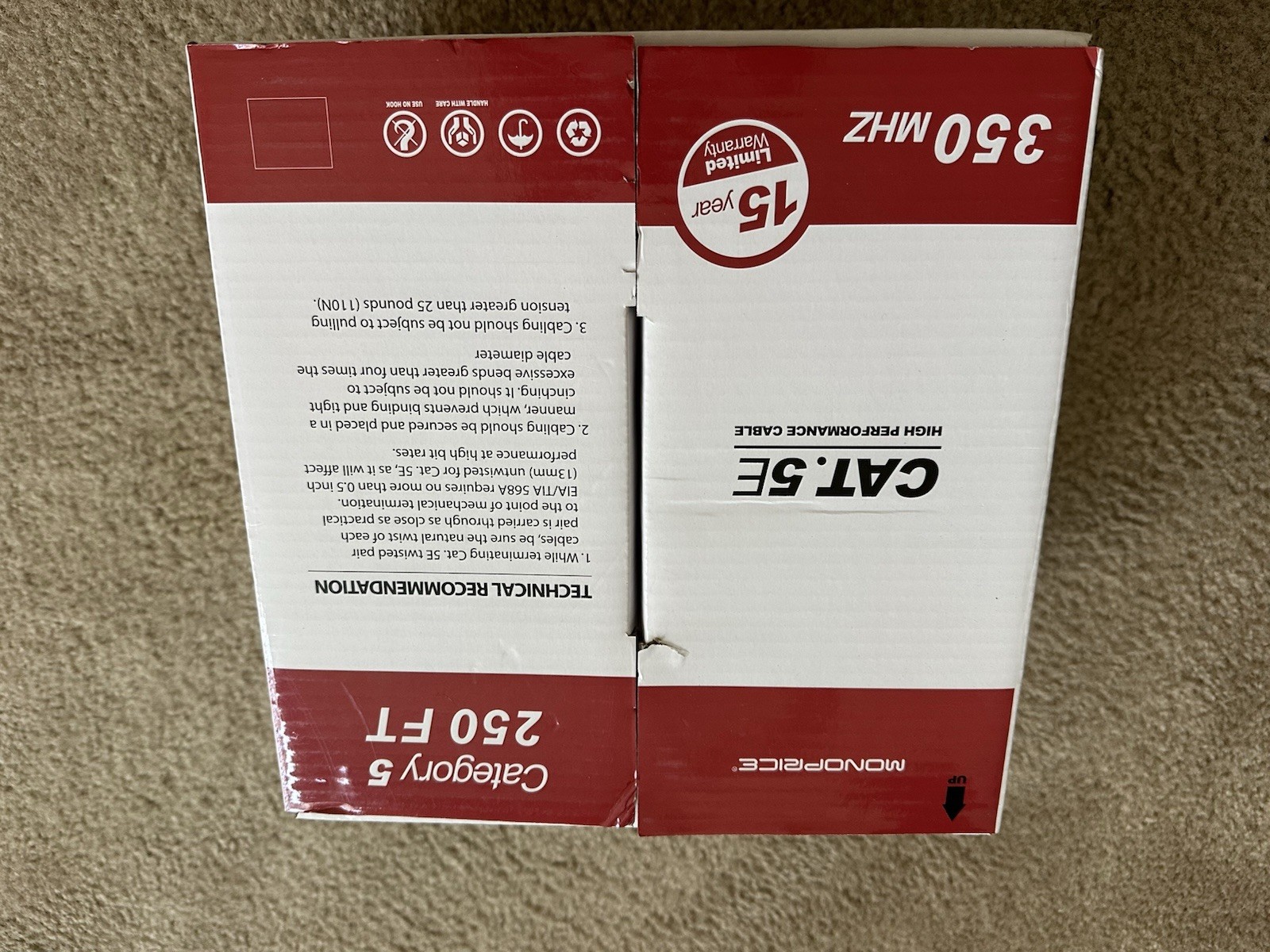 Monoprice Cat5e UTP Solid 24AWG Bulk Ethernet Cable 250ft Gray Raw End 14775