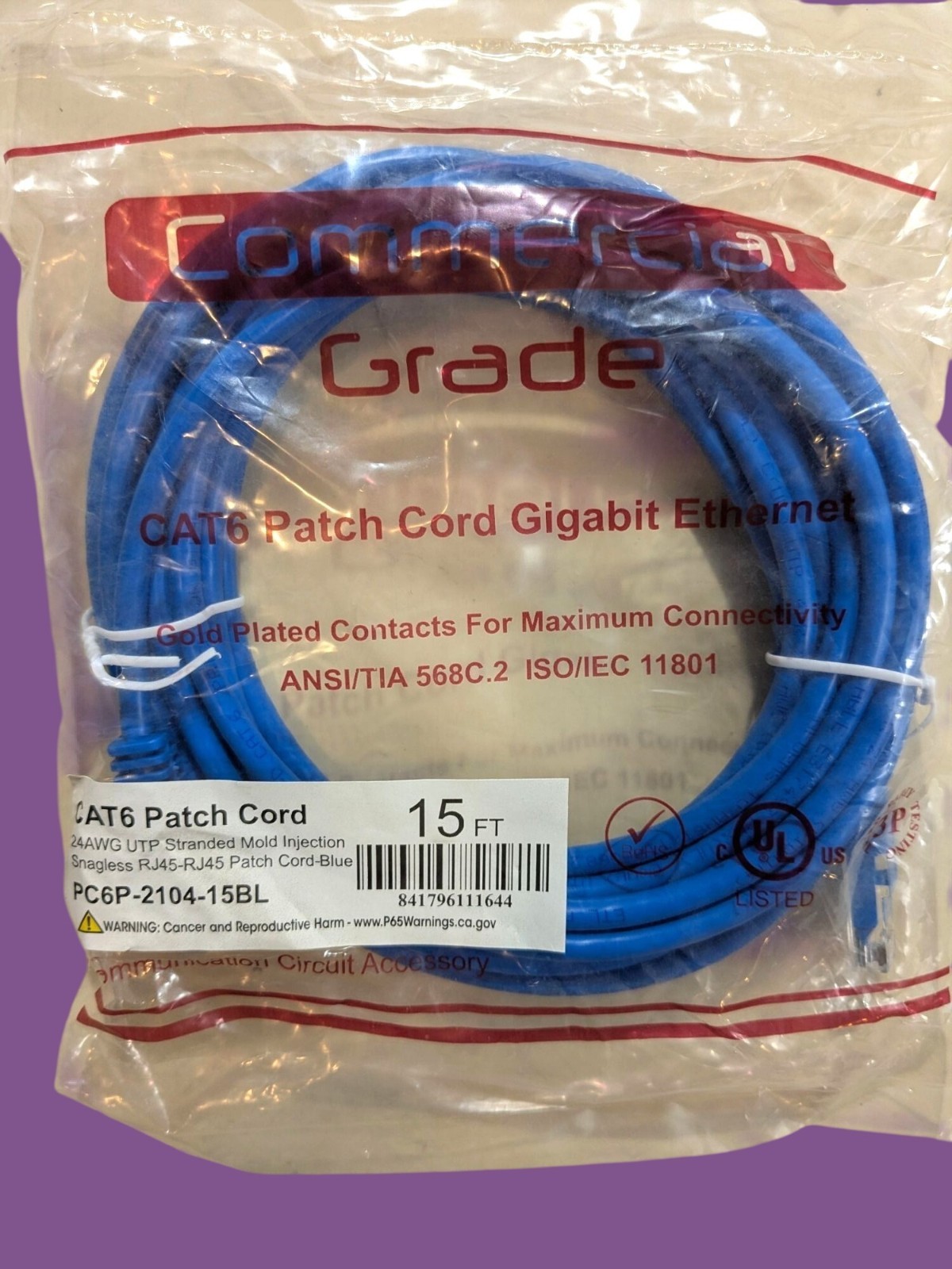Commercial Grade CAT6 Ethernet Patch Cord 15 Ft Blue – Snagless RJ45