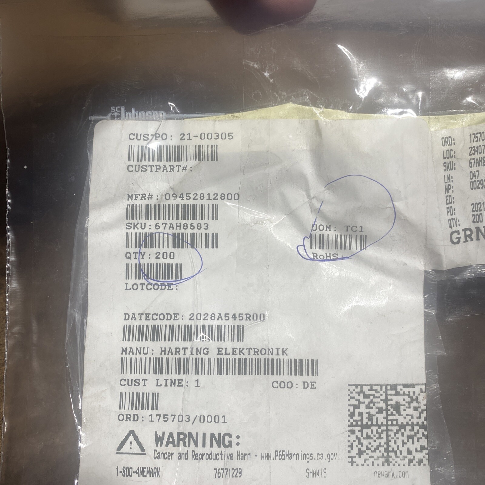 197 Pc) HARTING T1 angled jack AH IP20, PCB Connectors, 4A, 2 Contacts+shielding