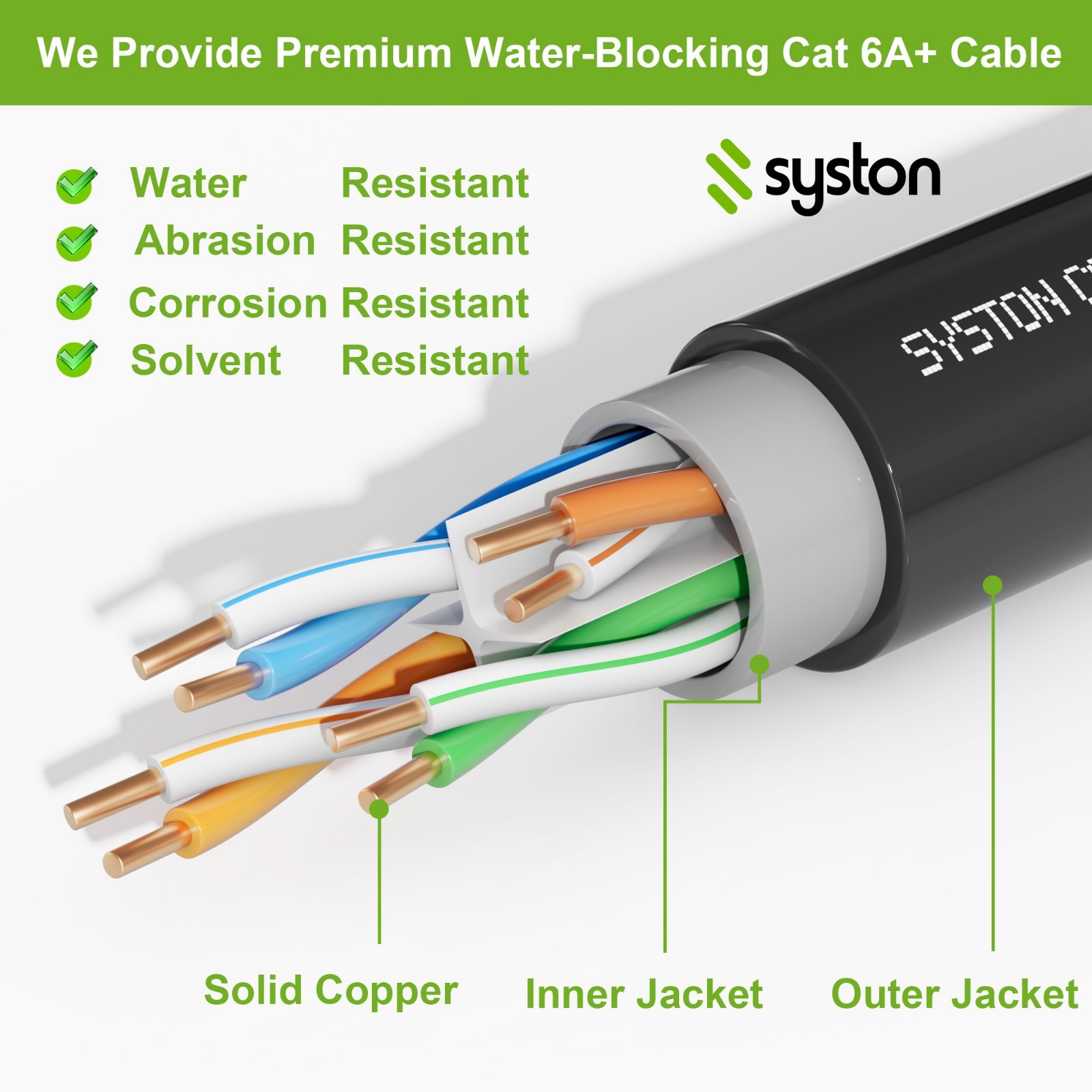 Syston Direct Burial Cat 6A+ Ethernet Cable OSP 23AWG UTP Bulk – 500ft 1000ft