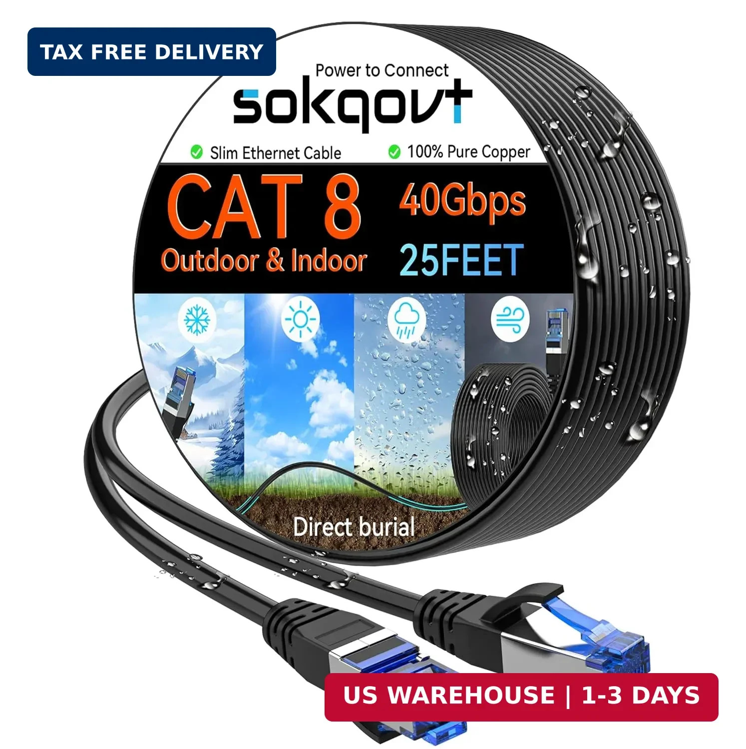 Sokqovt Cat 8 Ethernet Cable Slim 25ft Outdoor&Indoor, Pure Copper Cat8 Internet