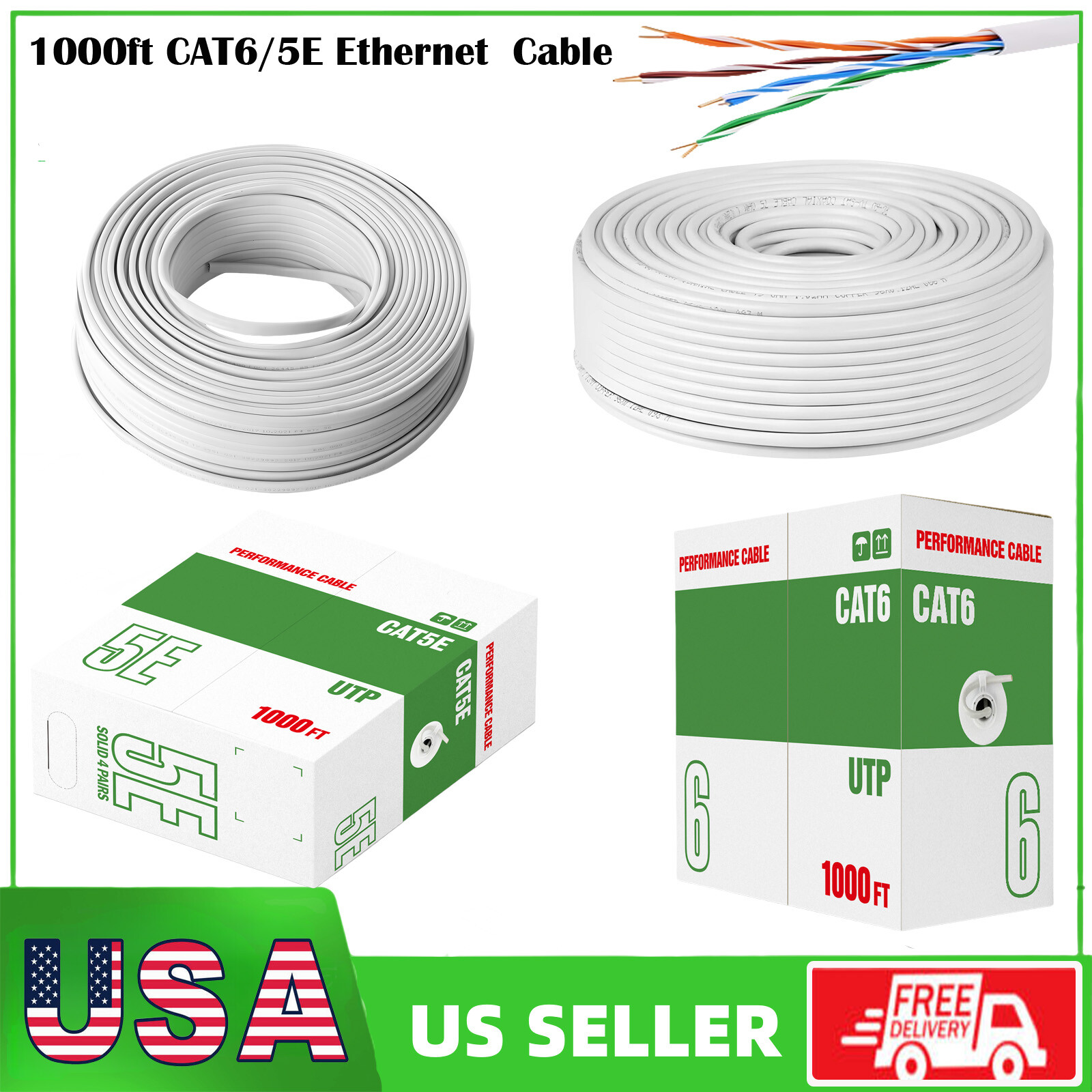1000ft Cat6/Cat5e Ethernet Cable 23AWG Solid Coppe UTP Network Bulk Wire Lan