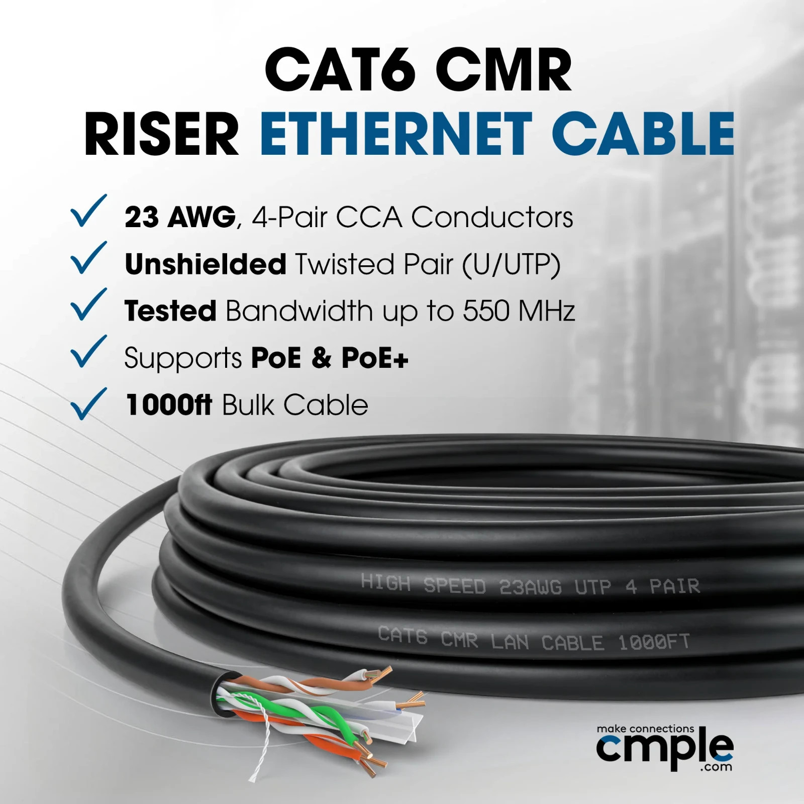Cmple Cat6 Ethernet 1000ft Bulk Network Cable, Cat6 UTP, 23AWG CMR Riser – Black
