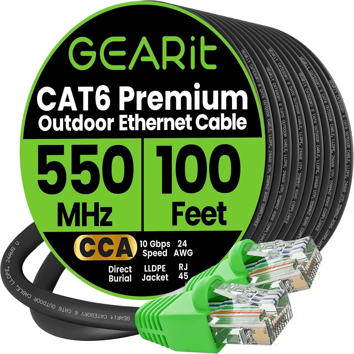 100 Ft Cat 6 Ethernet Cable – Weatherproof, 10 Gbps Performance, for Outdoor Use