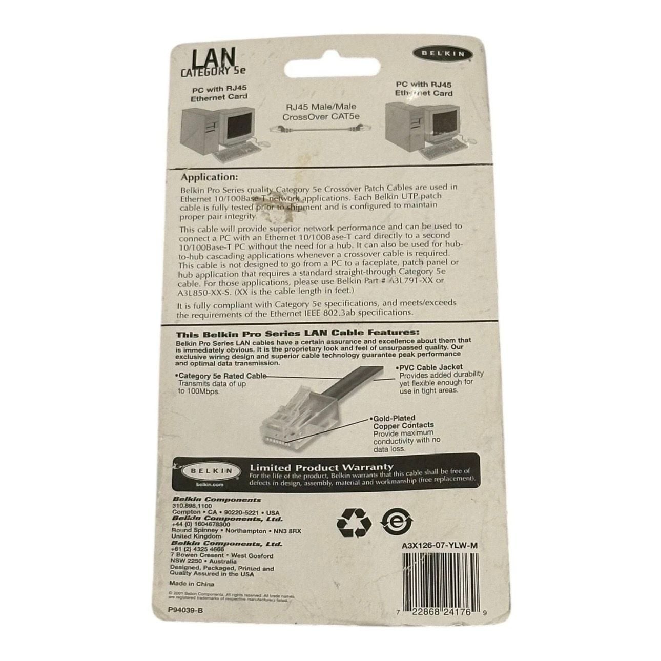Belkin CAT 5e Crossover Patch Cable 7ft/2.1m RJ45 Male/Male Yellow