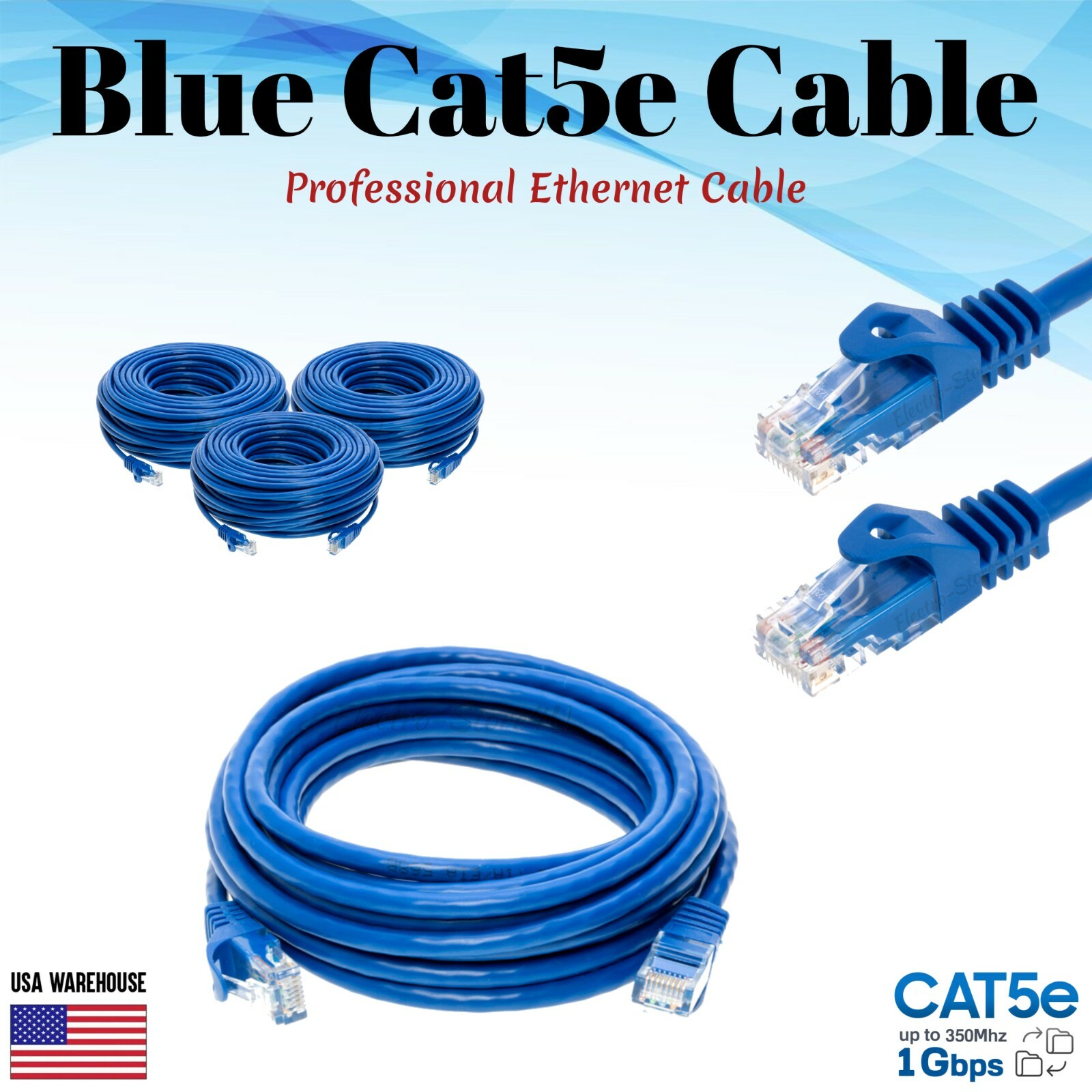 Cat5e Ethernet Patch Cable Blue 1.5 3 5 6 7 10 15 20 25 30 50 75 100 200 FT Lot