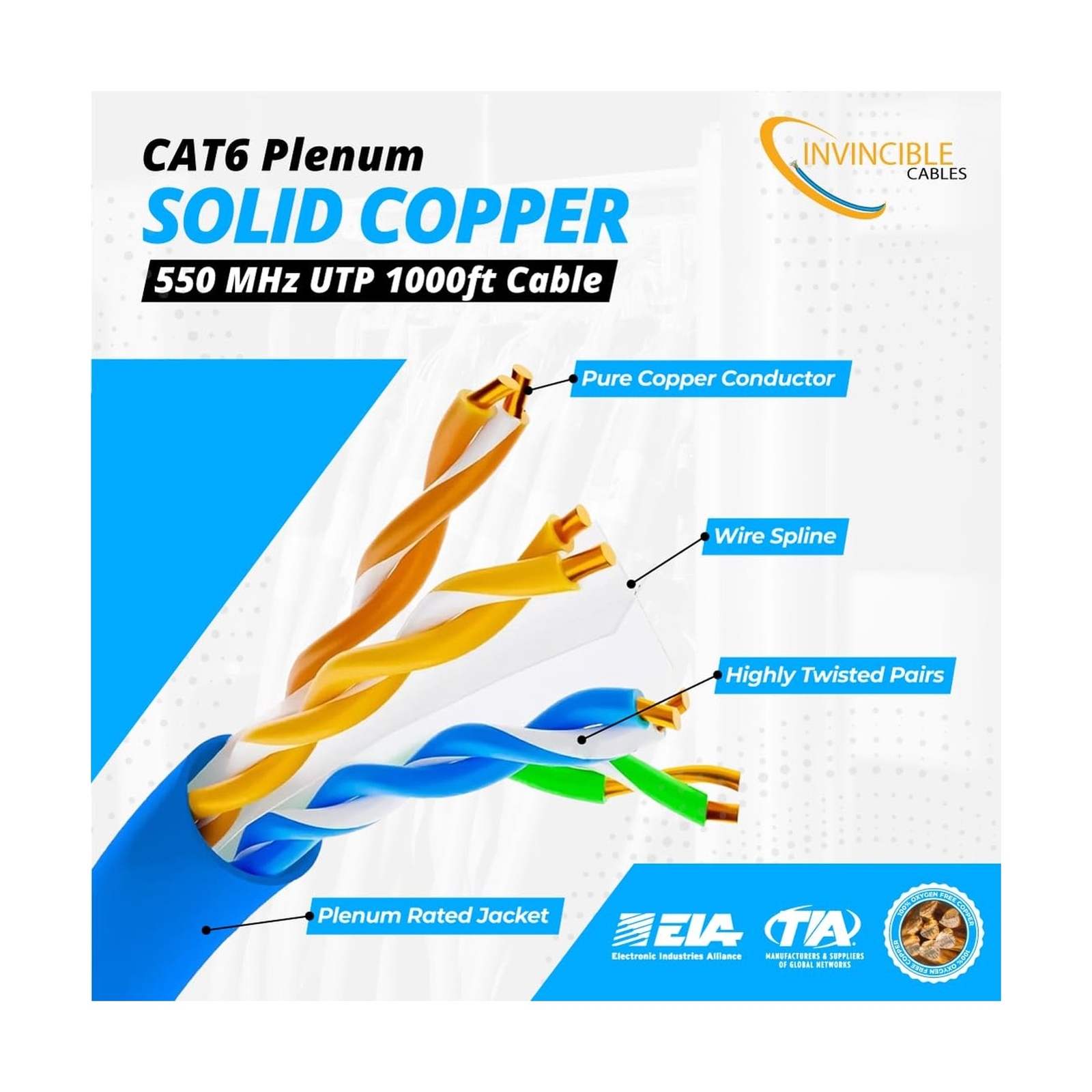 Cat6 Plenum (CMP) 1000ft Cable | 0.57mm 100% Solid Copper, 550 MHz, 23AWG, 4 …