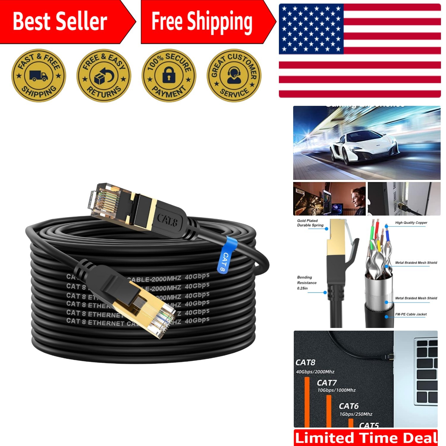 Heavy-Duty 50FT Outdoor & Indoor Cat 8 Ethernet Cable – Universal Compatibility