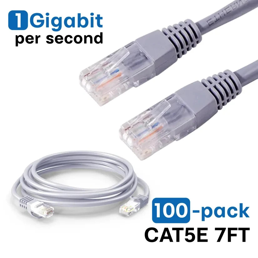 Pack of 100 Cat5e Ethernet Cable 7 ft Gray RJ45 LAN Network Gigabit Patch Cord