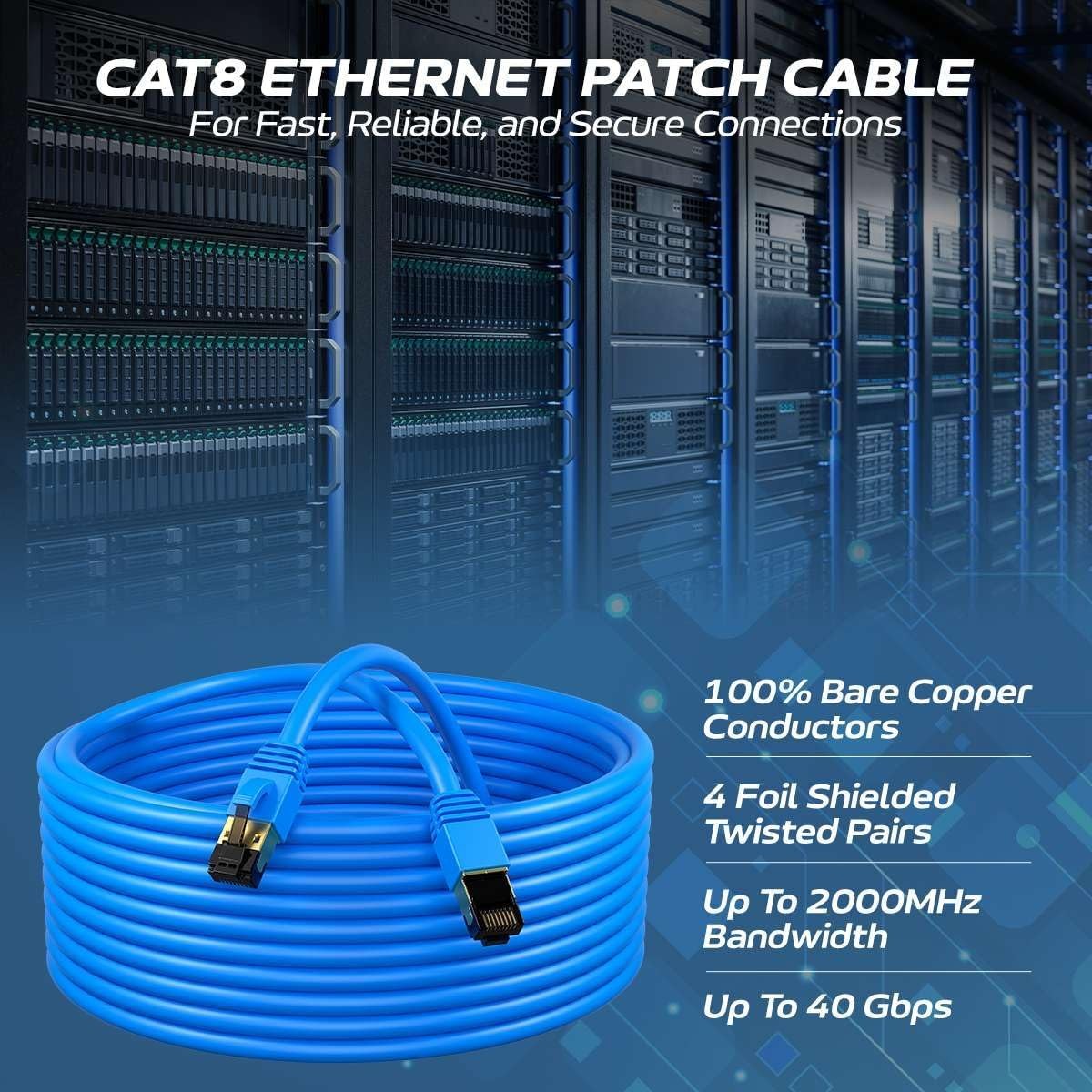 Cat8 SFTP Super Speed Ethernet Patch Cord 40Gbps Wire 0.5-75 FT Blue Pack LOT