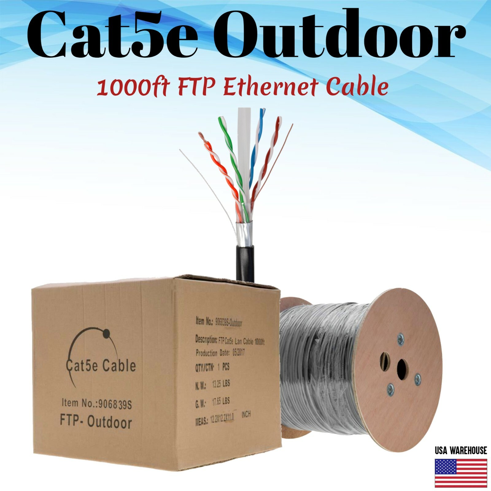 Shielded 1000ft Outdoor Cat5e Cat5 Ethernet Cable FTP Solid UV Direct Burial LAN