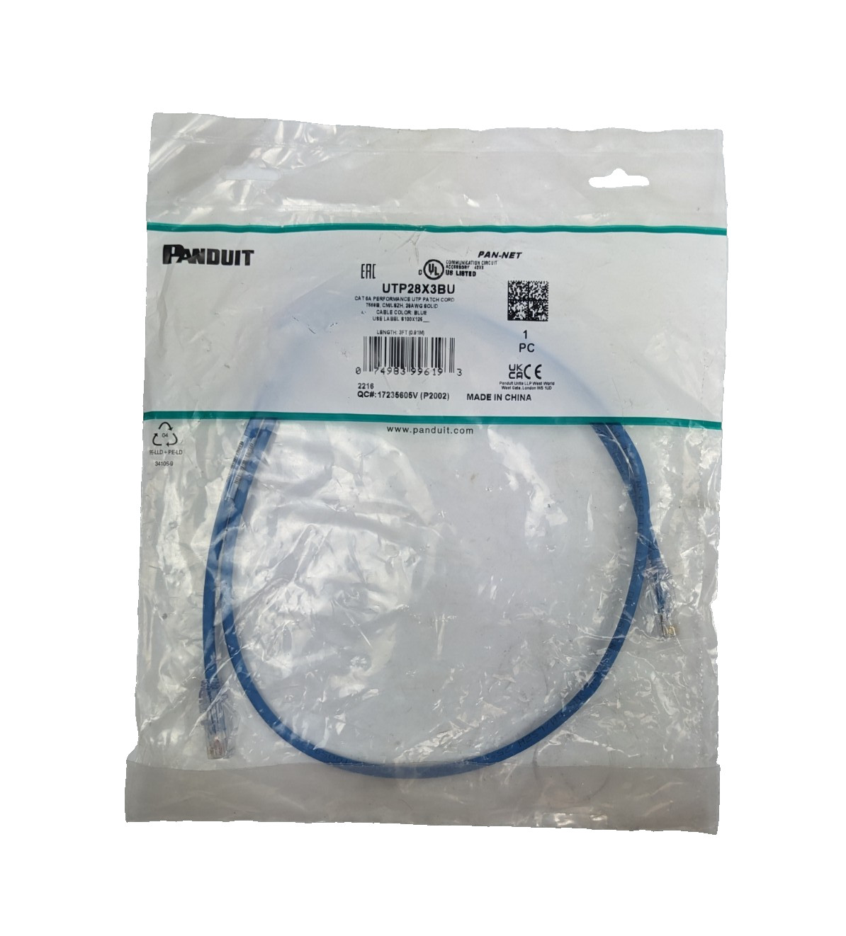 Panduit UTP28X3BU Cat 6A 28AWG UTP Patch Cord CM/LSZH