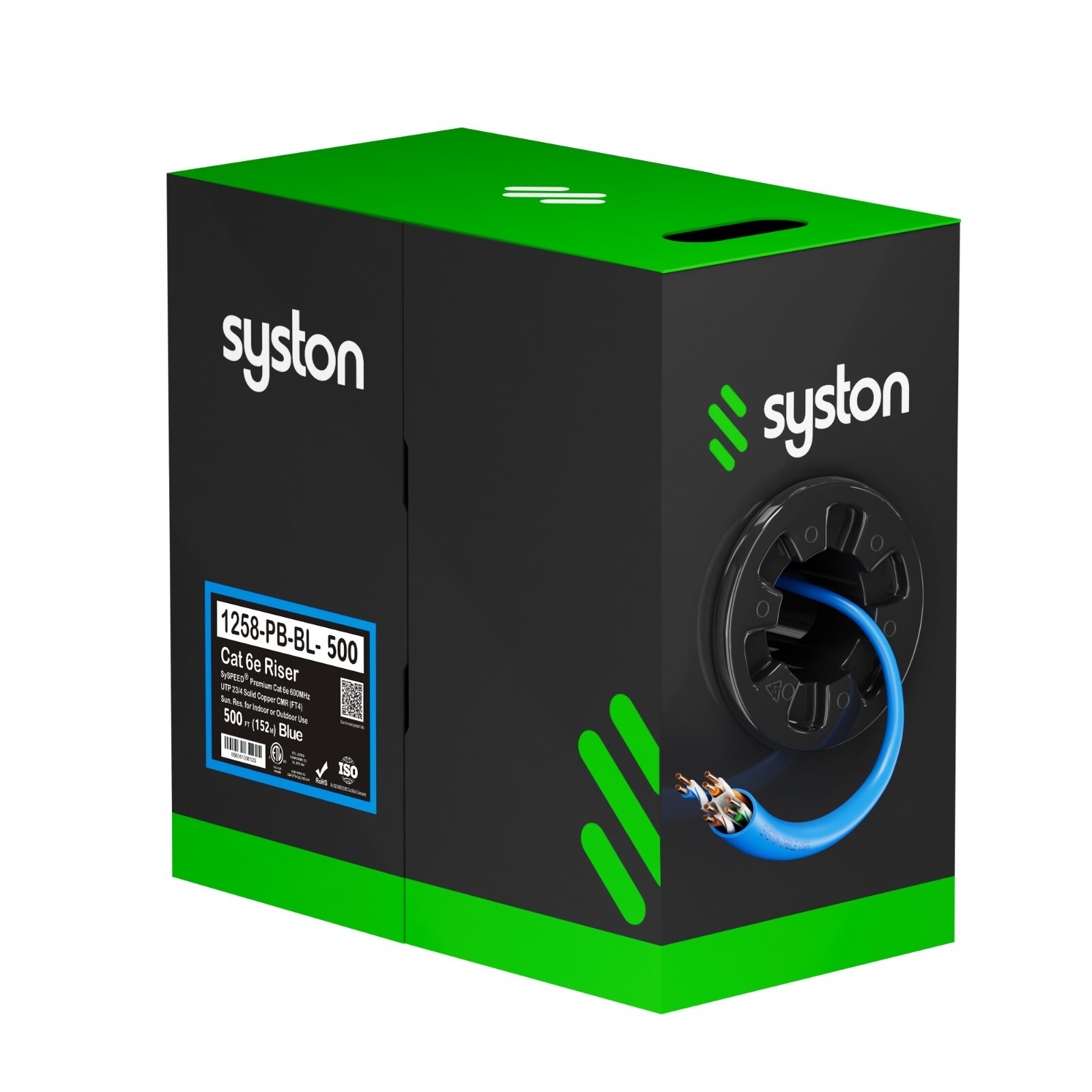 Syston Cat 6e Ethernet Bulk Cable 500 ft 23 AWG Bare Copper Wire 600 MHz CMR Box