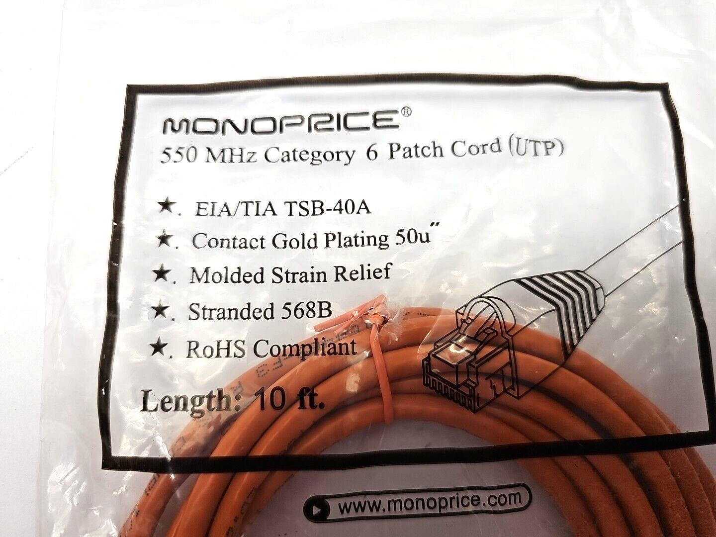 Lot of 8 MONOPRICE Patch Cord Orange, 9870, 10 ft EIA/TIA TSB-40A