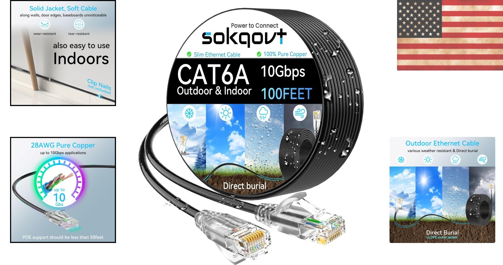 100ft Slim Cat6a Ethernet Cable – 10Gbps High-Speed for Both Indoor and Outdoor