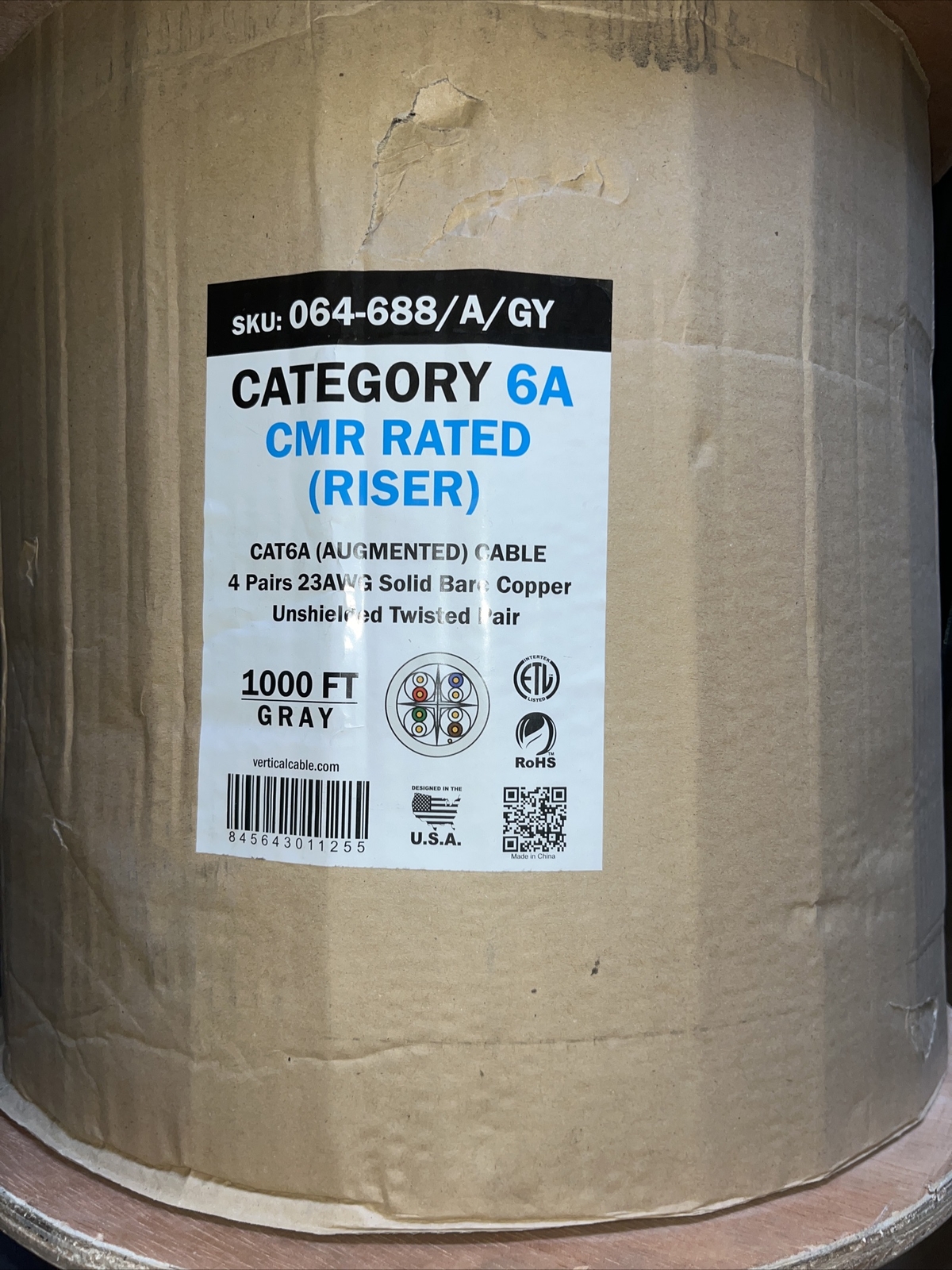 Cat6A Cable CMR Rated 4 Pairs 23AWG Solid Bare Copper 1000ft Gray