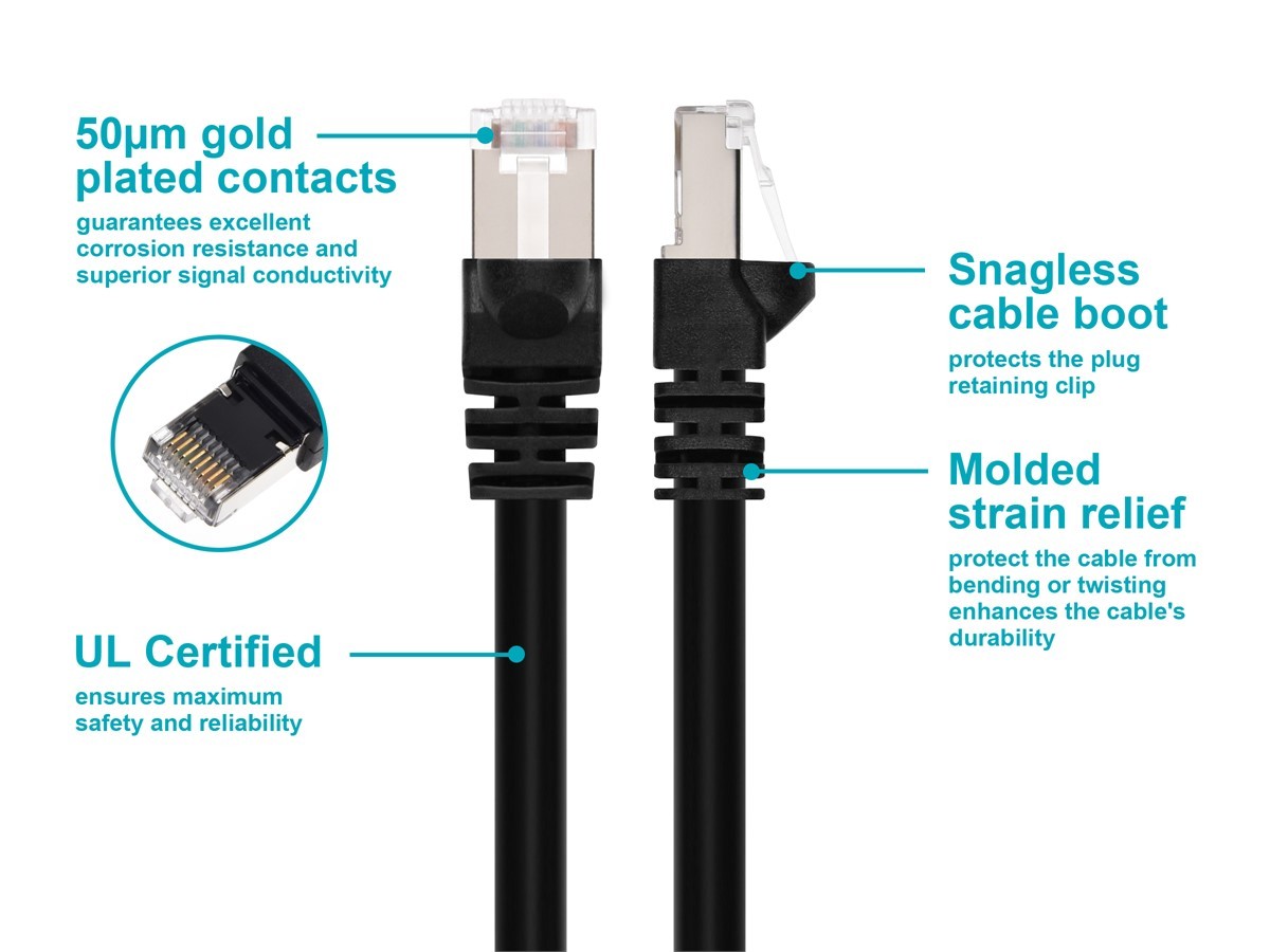 Cat6A Ethernet Patch Cable Network Internet Cord RJ45 STP 10G 26AWG 1ft Black