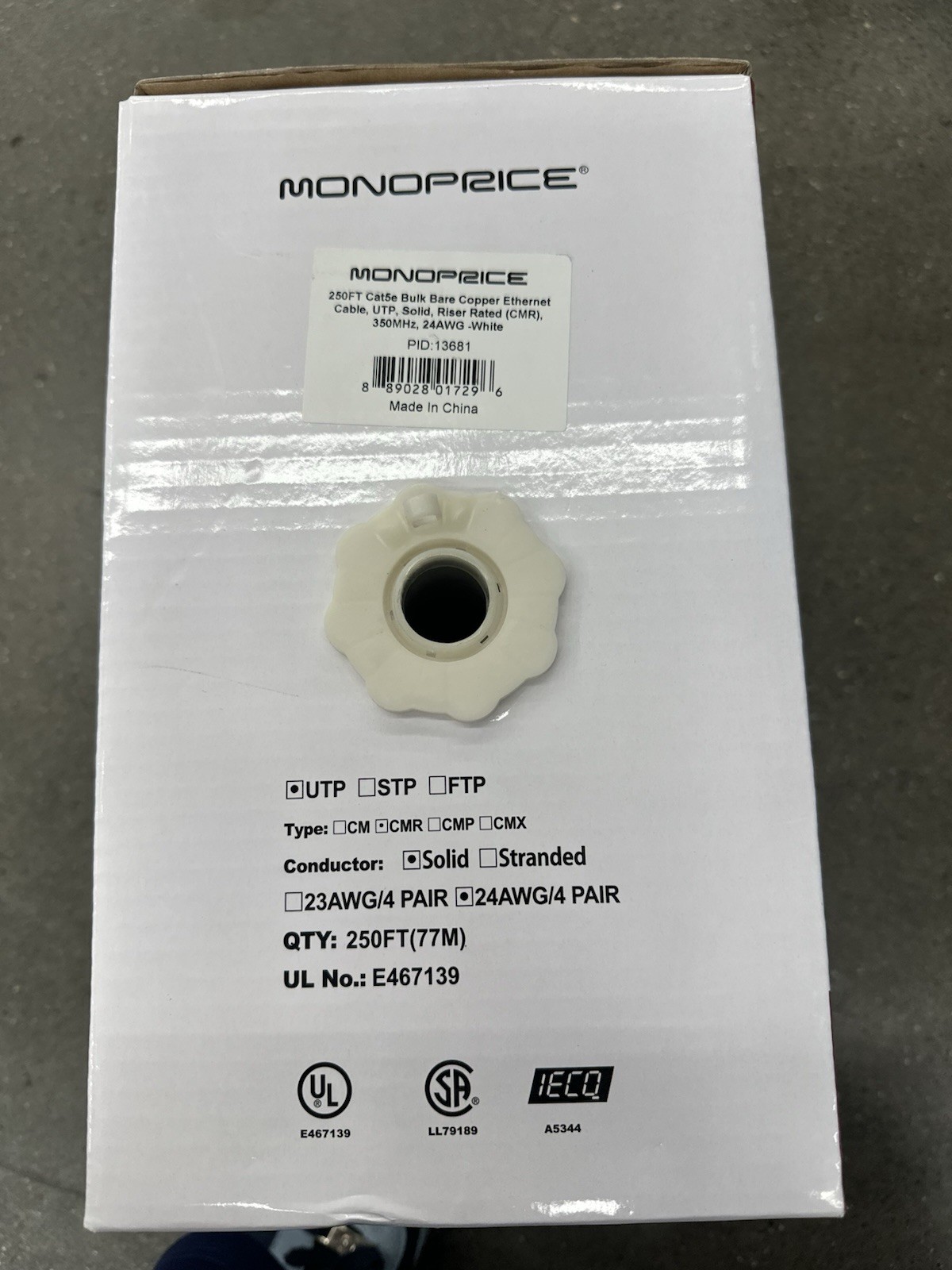 Monoprice Cat5e UTP Solid 24AWG Bulk Ethernet Cable 250ft Gray Raw End 14775