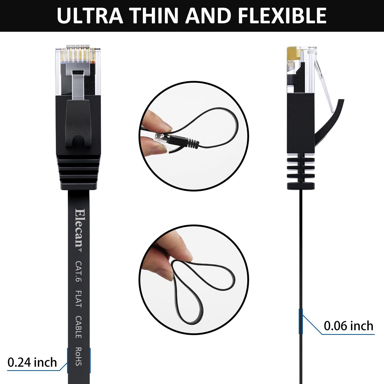 Elecan Cat 6 Flat Ethernet Cable 1 Ft/5 Pack, High Speed Slim 1FT, Black