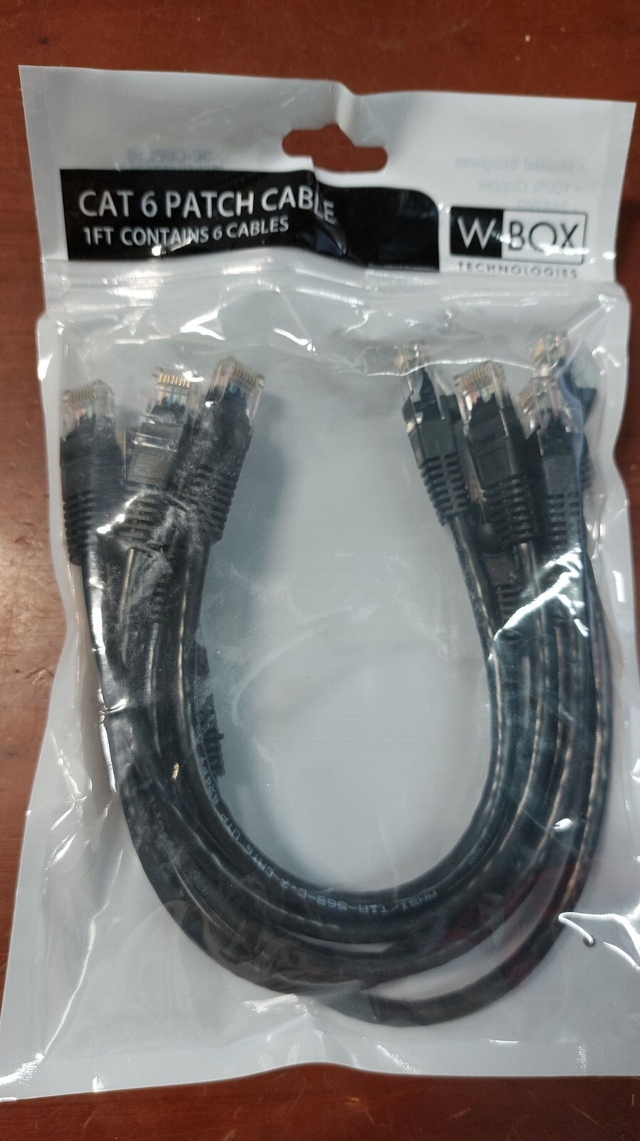 W Box 0E-C6BK16 CAT6 Patch Cable, RJ 45 Male, 1′ (0.3m), 24AWG, Black, 6-Pack