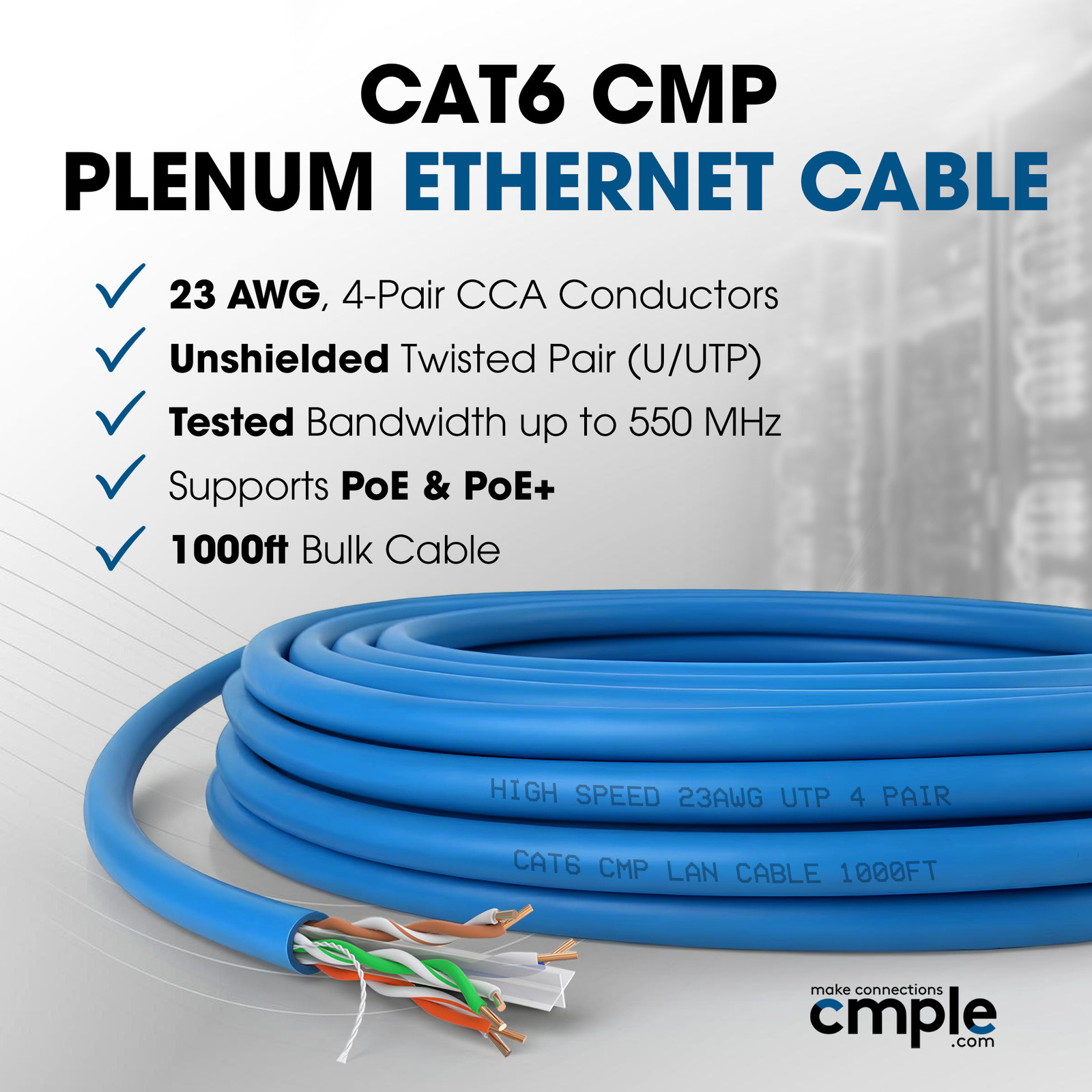 Cat6 Plenum Cable 1000ft CMP 23AWG Solid UTP 550MHz Bulk Ethernet Pull Box