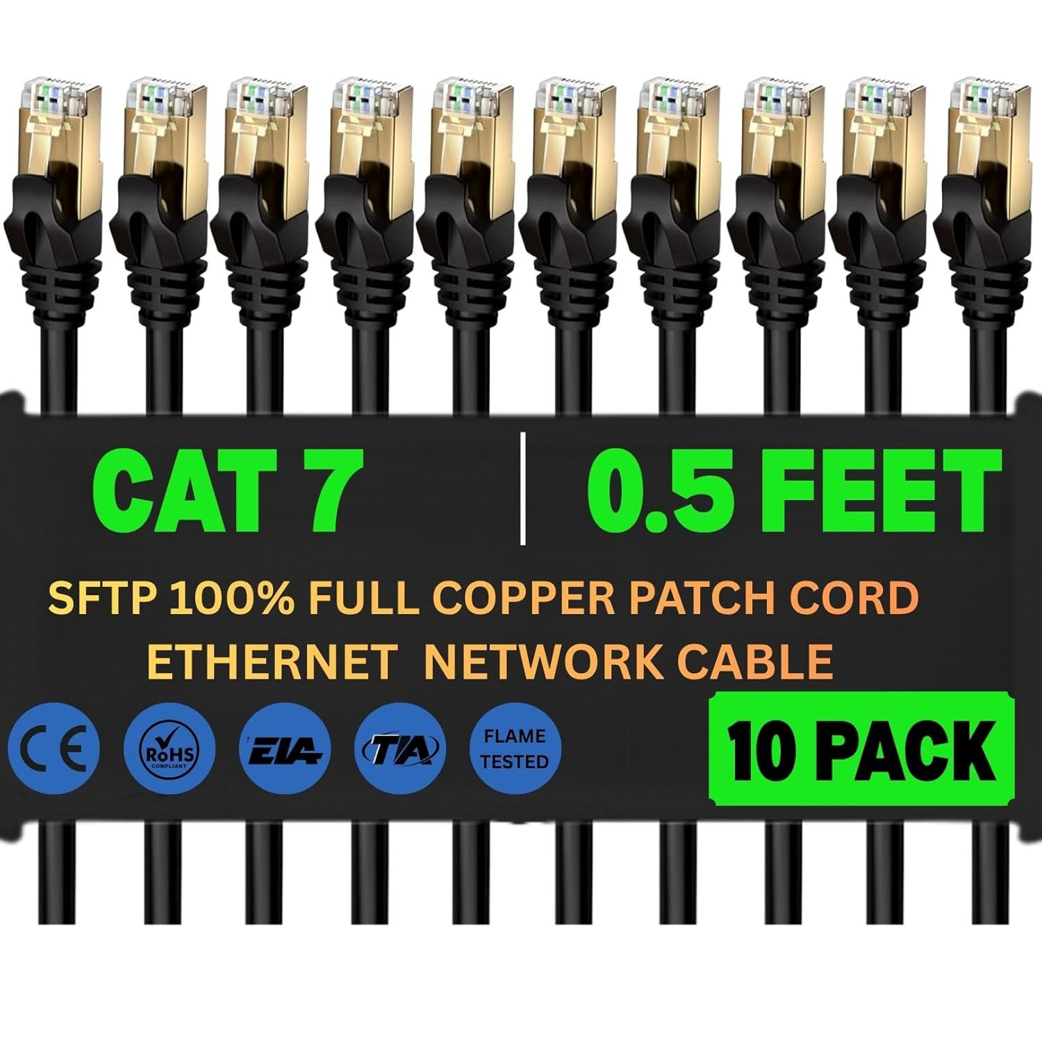 Cat7 SFTP Ethernet Patch Cord 0.5Ft – 100% Pure Copper LAN Cable, Double Shielde