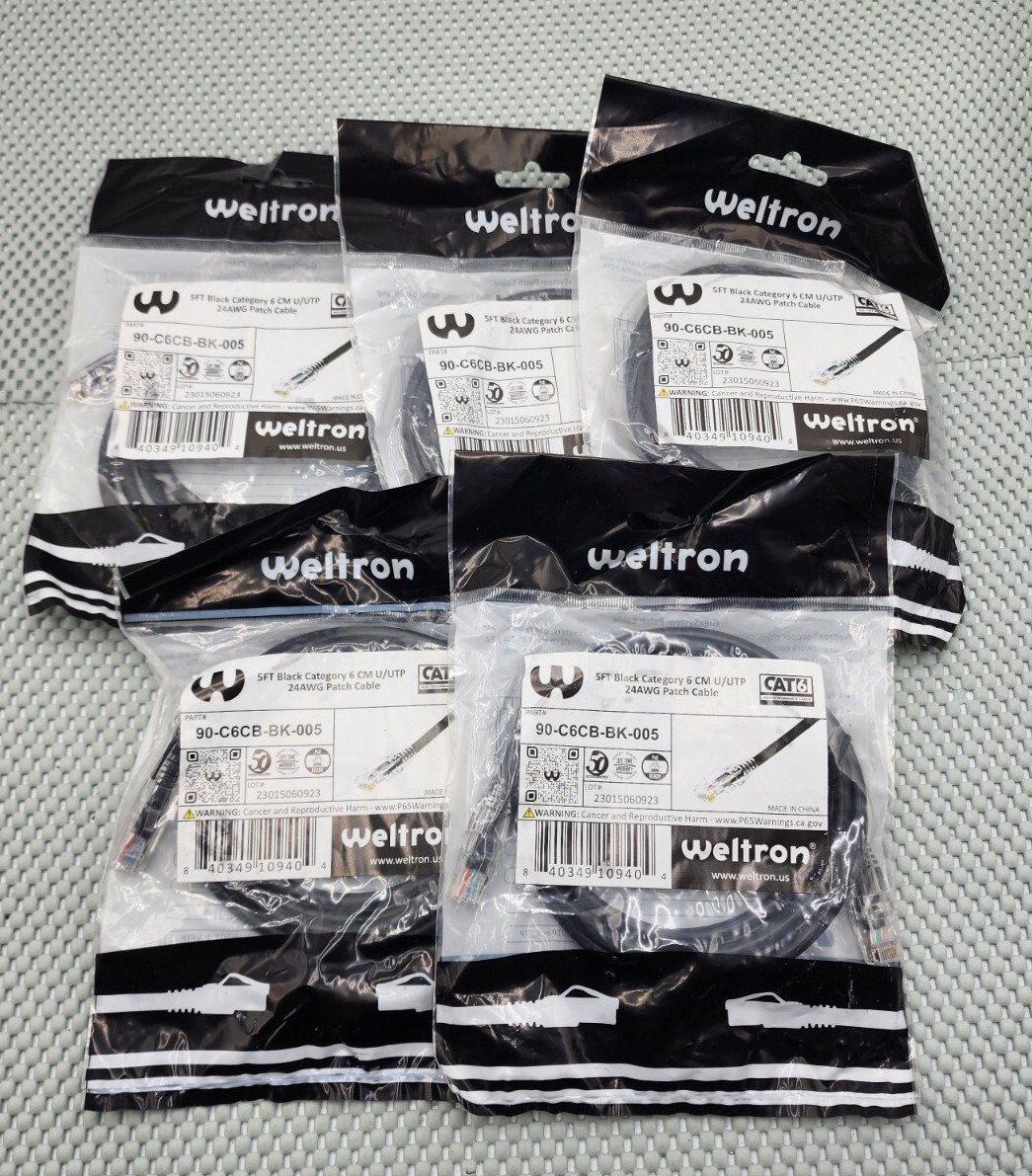 5x Cat6 24AWG Snagless Unshielded (UTP) CM Ethernet Network Patch Cable 5ft