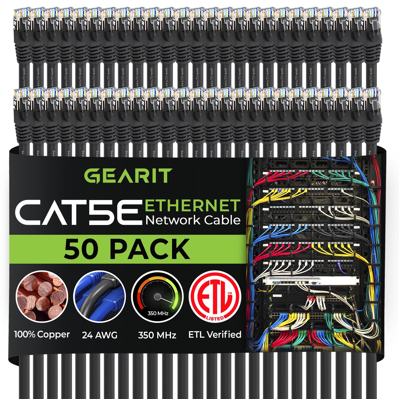 GearIt 50-Pack, Cat5e Ethernet Patch Cable 1 Foot – 1 (50-Pack), Black