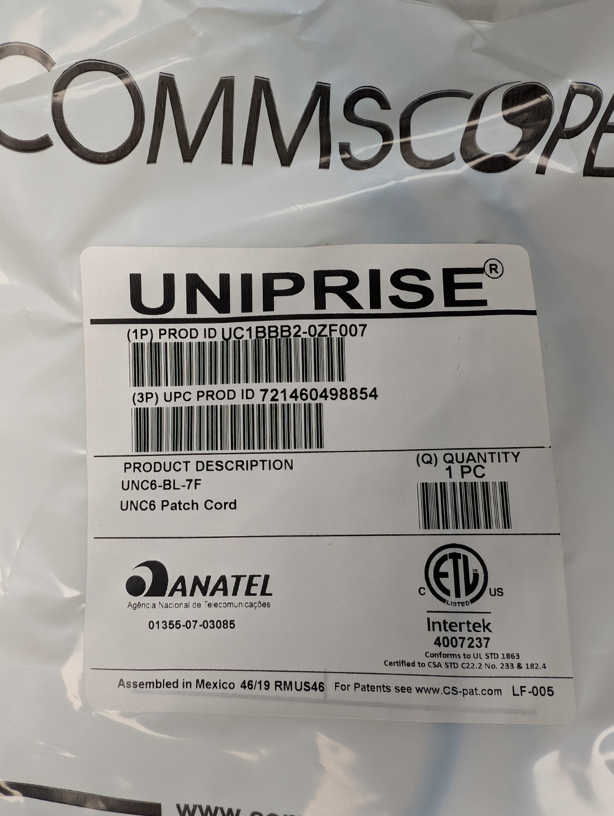 CommScope Uniprise Cat6 7ft Blue Snagless Patch Cable UC1BBB2-0ZF007 LOT of 60