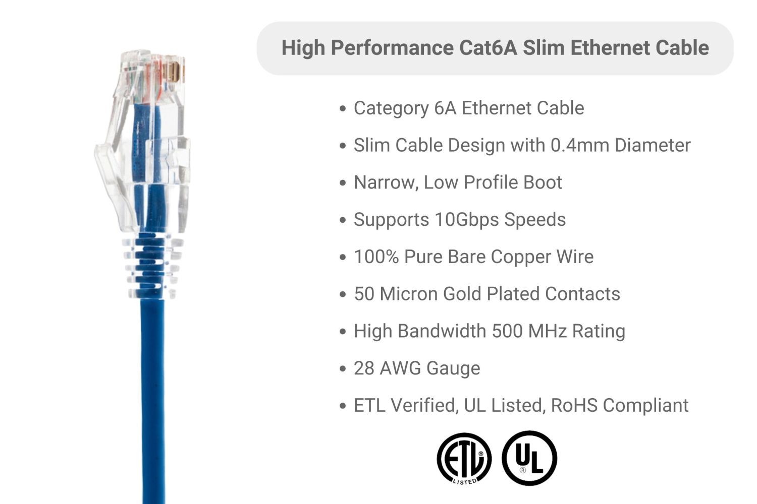 Slim, CAT6A Ethernet Patch Cable, Booted, 5′, Blue – Lifetime Warranty