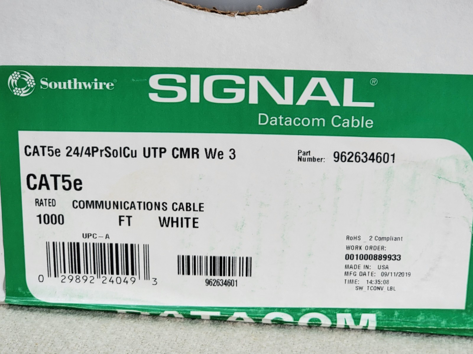 Southwire 1000 ft. White 24/4 Gauge/Pair CAT5e UTP CMR Data Cable 1000 ft. – NIB