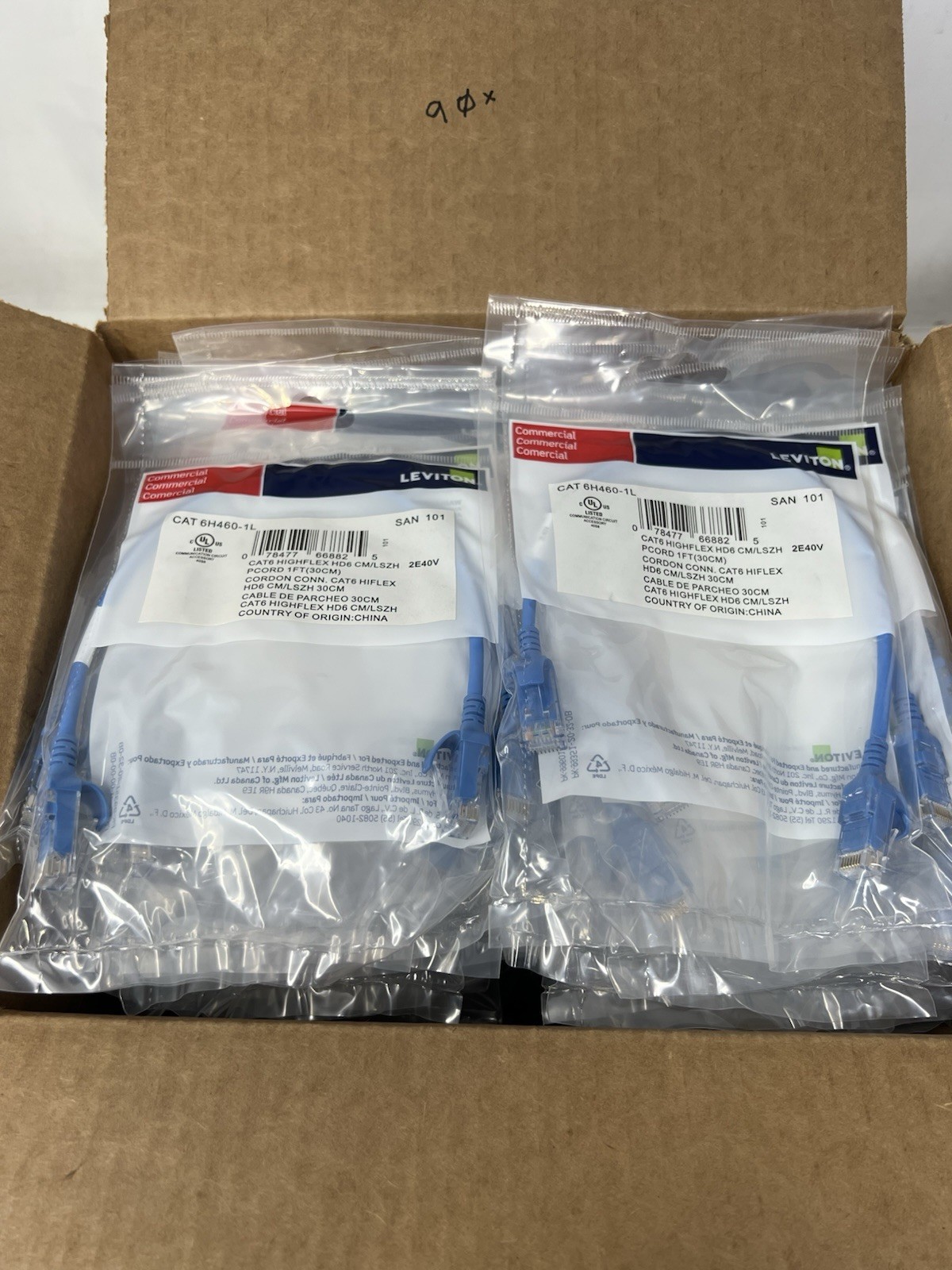 (90x) Leviton CAT 6H460-1L Cat 6 Small Diameter High-Flex Patch Cord, 1ft, Blue