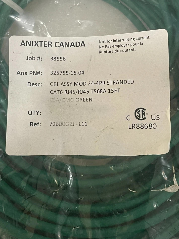 ANIXTER CHINA 325755-15-04 GREEN CABLE ASSEMBLY CAT 6 RJ45/RJ45 T568A 15FT 5 QTY