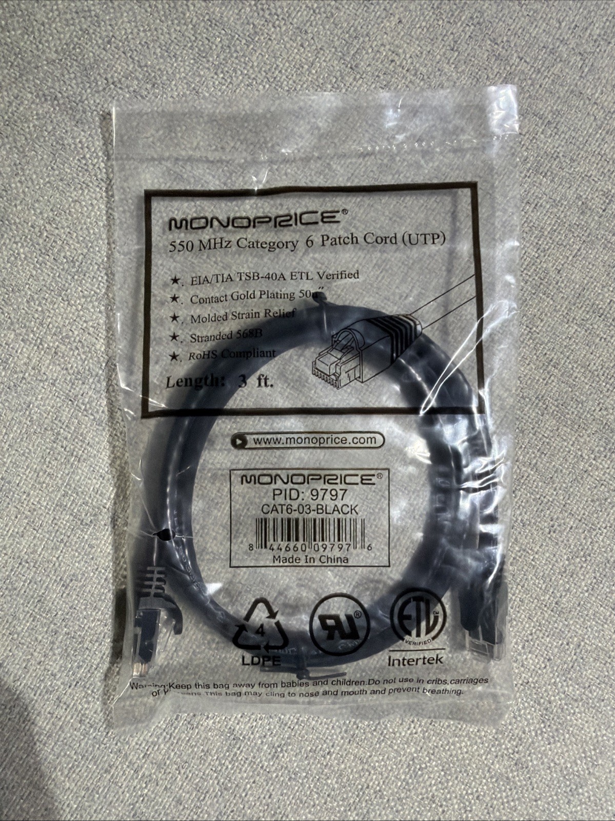 Monoprice 550MHz Category 6 Patch Cord (UTP) 3ft new in package Pure Copper24AWG